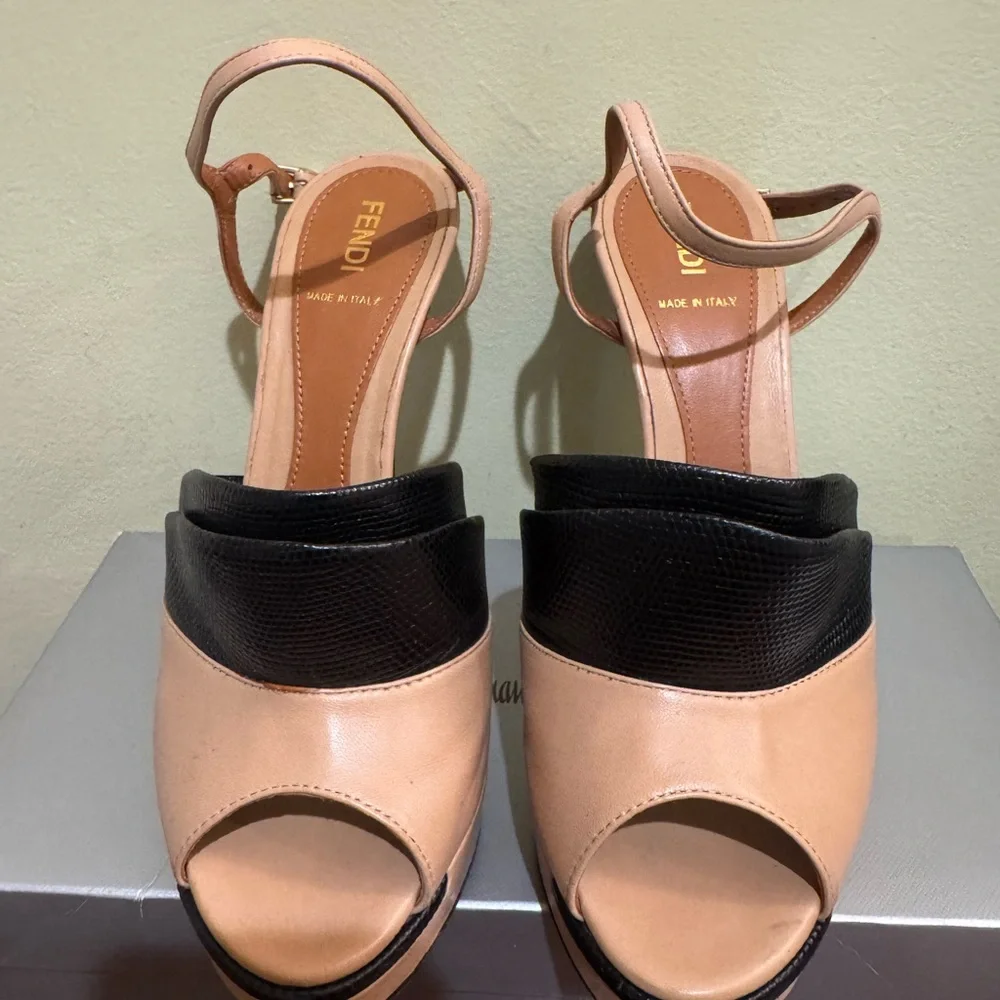 Fendi Black and Tan Peep-Toe Heels - Picture 1 of 5